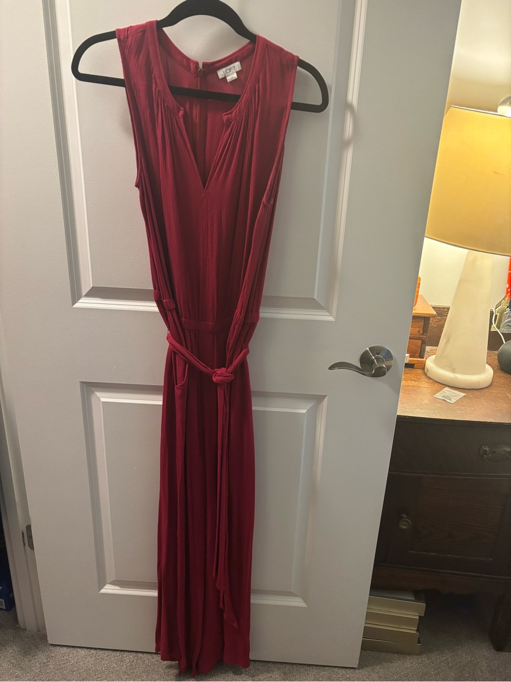 LOFT Deep Raspberry V-Neck Jumpsuit with Tie Waist
